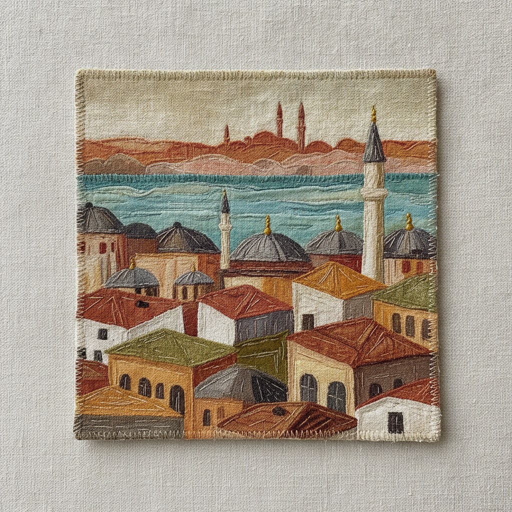 İstanbul sokakları temalı kumaş kolaj pano