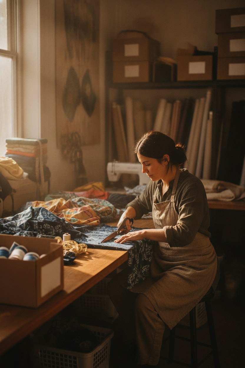 Kurucu Elif Karaca, atölyede kumaş keserken